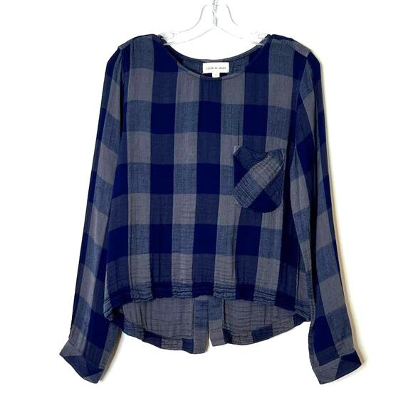 Cloth & Stone Long Sleeve Braided Back Plaid Top Blue Gray Small - Picture 3 of 10